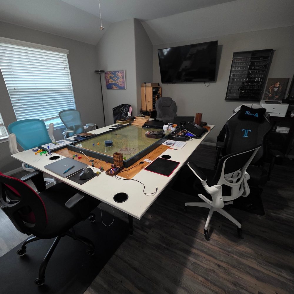 The game room — shelves and maps